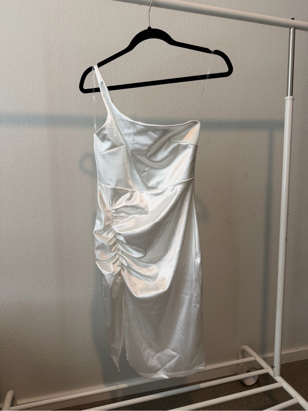 Windsor White One-Shoulder Satin Ruched Dress